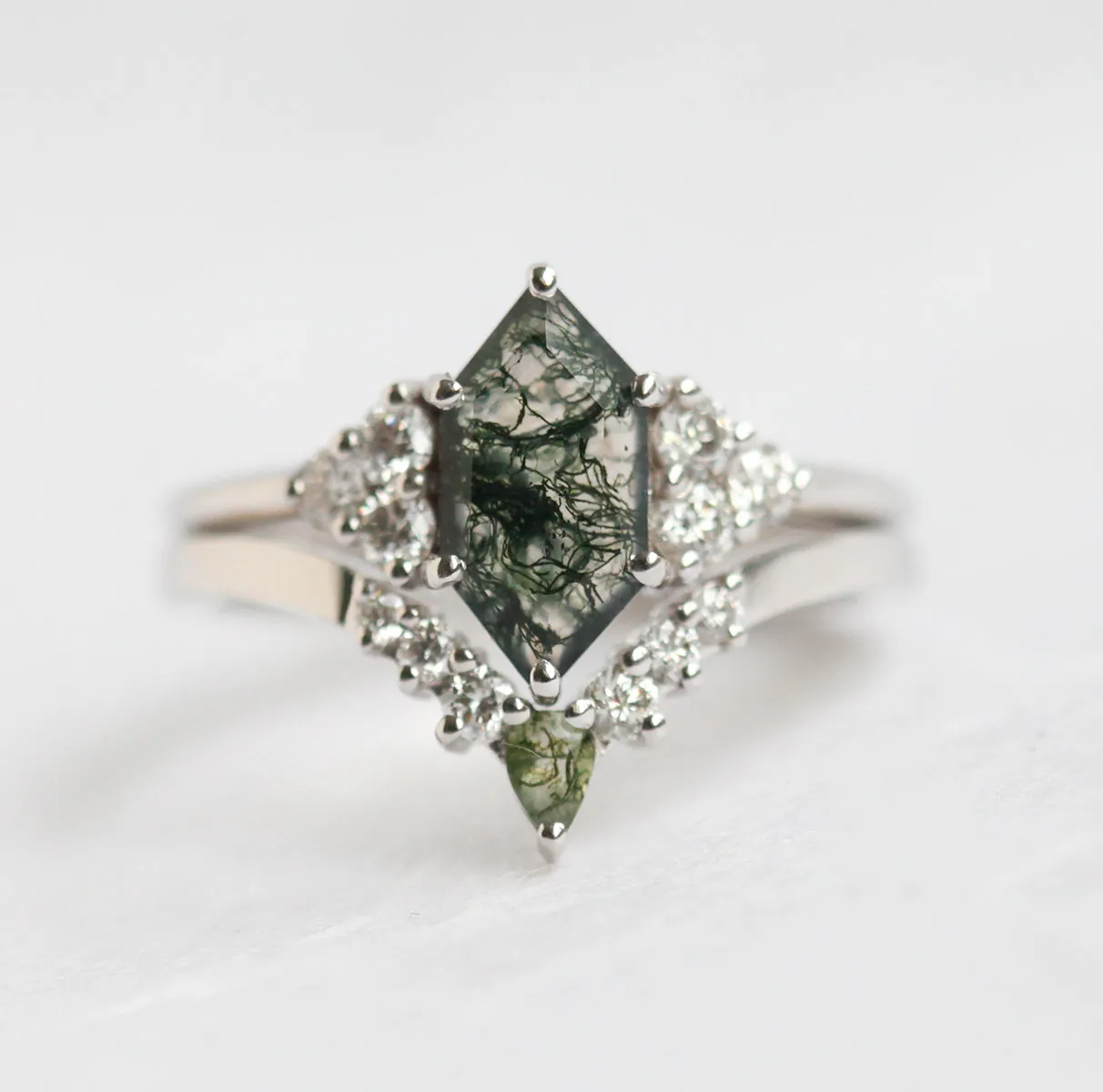 Phoenix Hexagon Moss Agate Ring Set With Accent Diamond