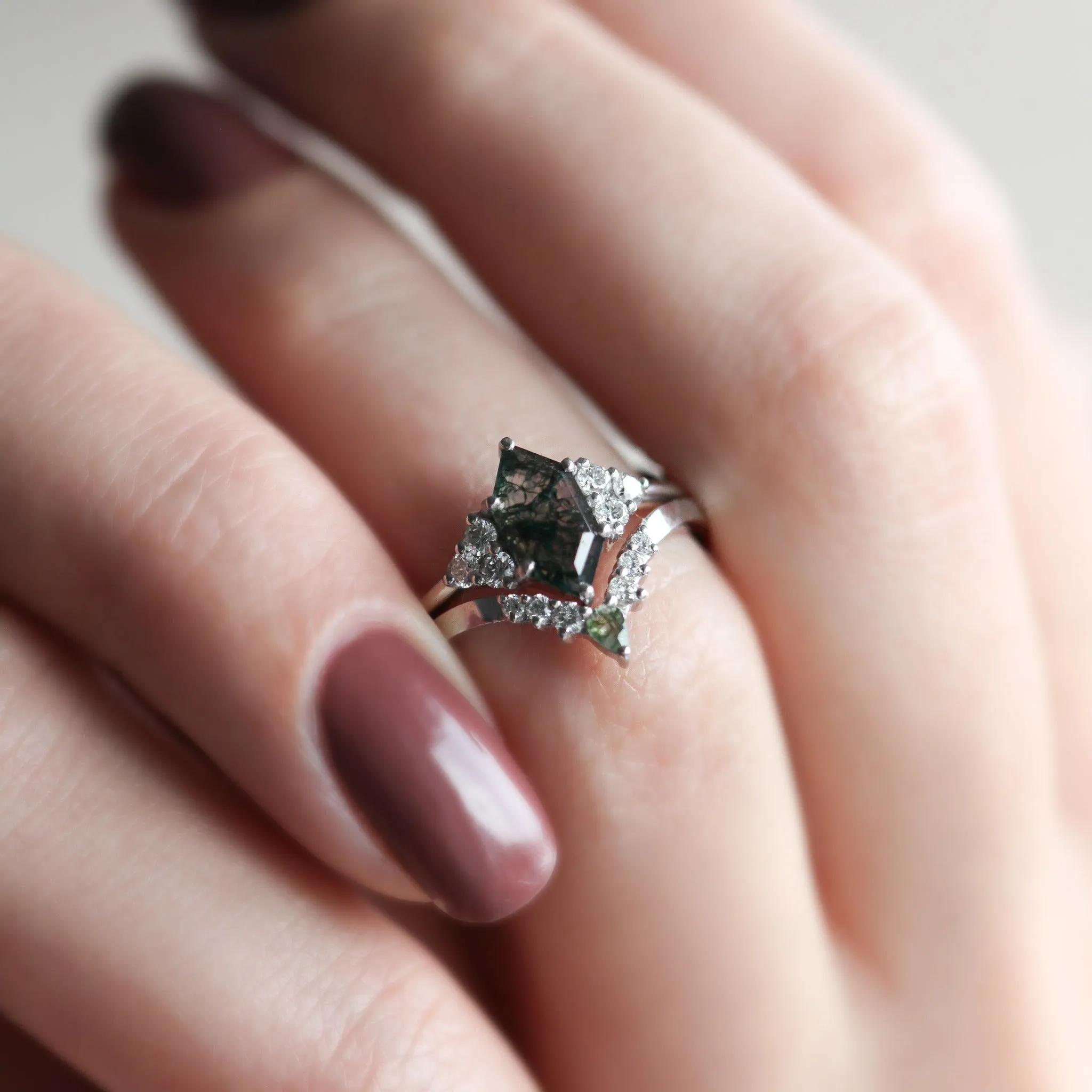 Phoenix Hexagon Moss Agate Ring Set With Accent Diamond