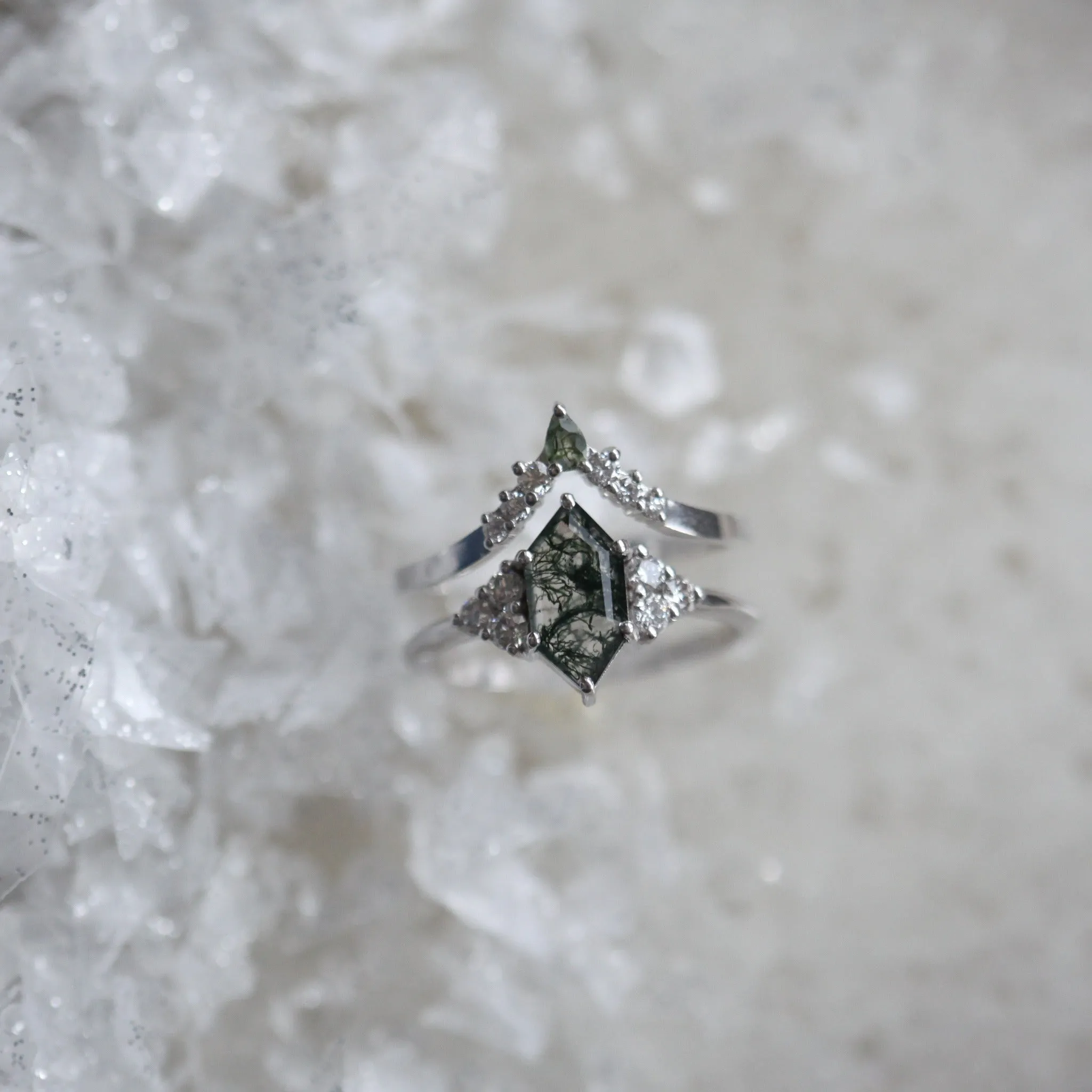 Phoenix Hexagon Moss Agate Ring Set With Accent Diamond