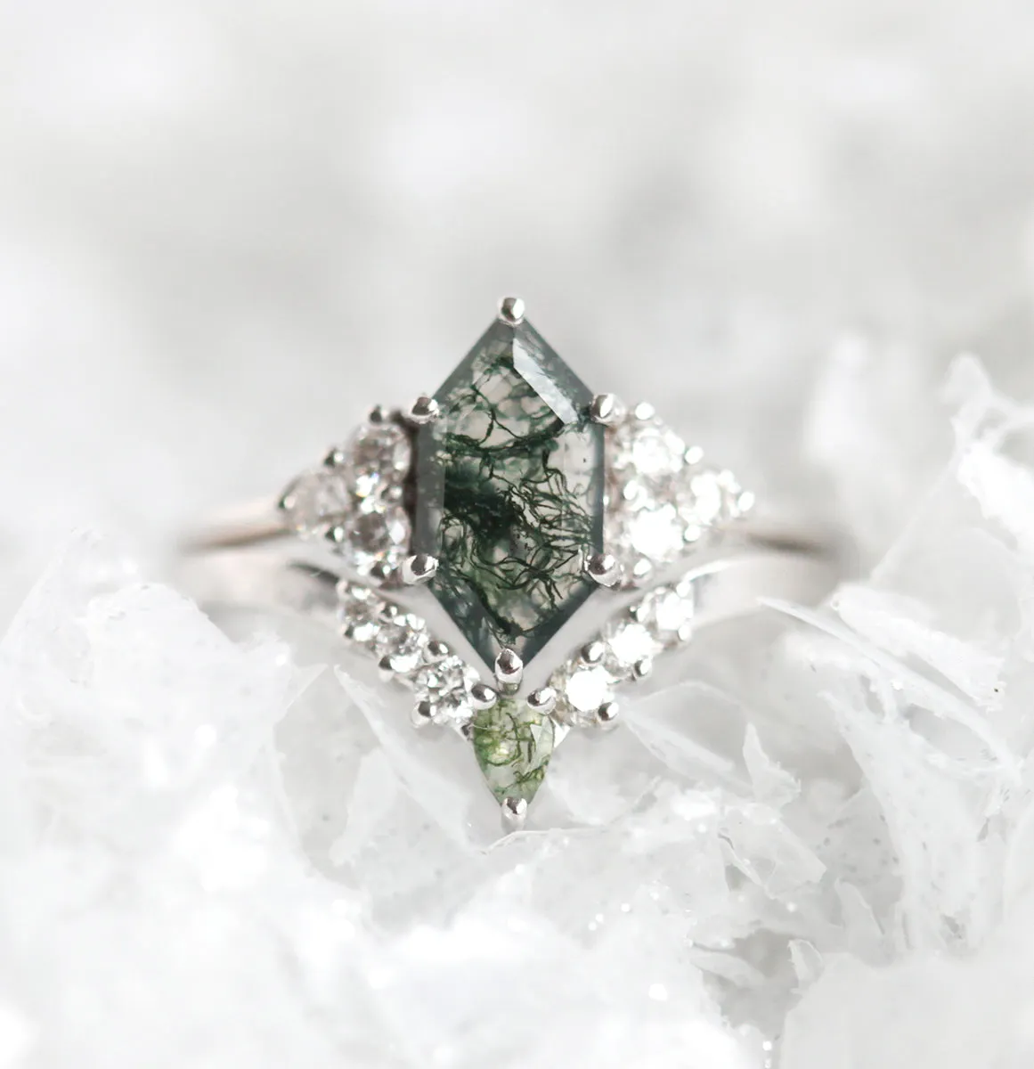 Phoenix Hexagon Moss Agate Ring Set With Accent Diamond