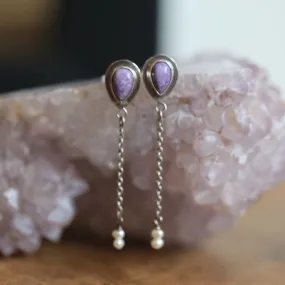 Purple Charoite & Pearl Earrings - Purple Posts with Chains Earrings