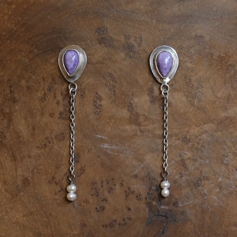 Purple Charoite & Pearl Earrings - Purple Posts with Chains Earrings