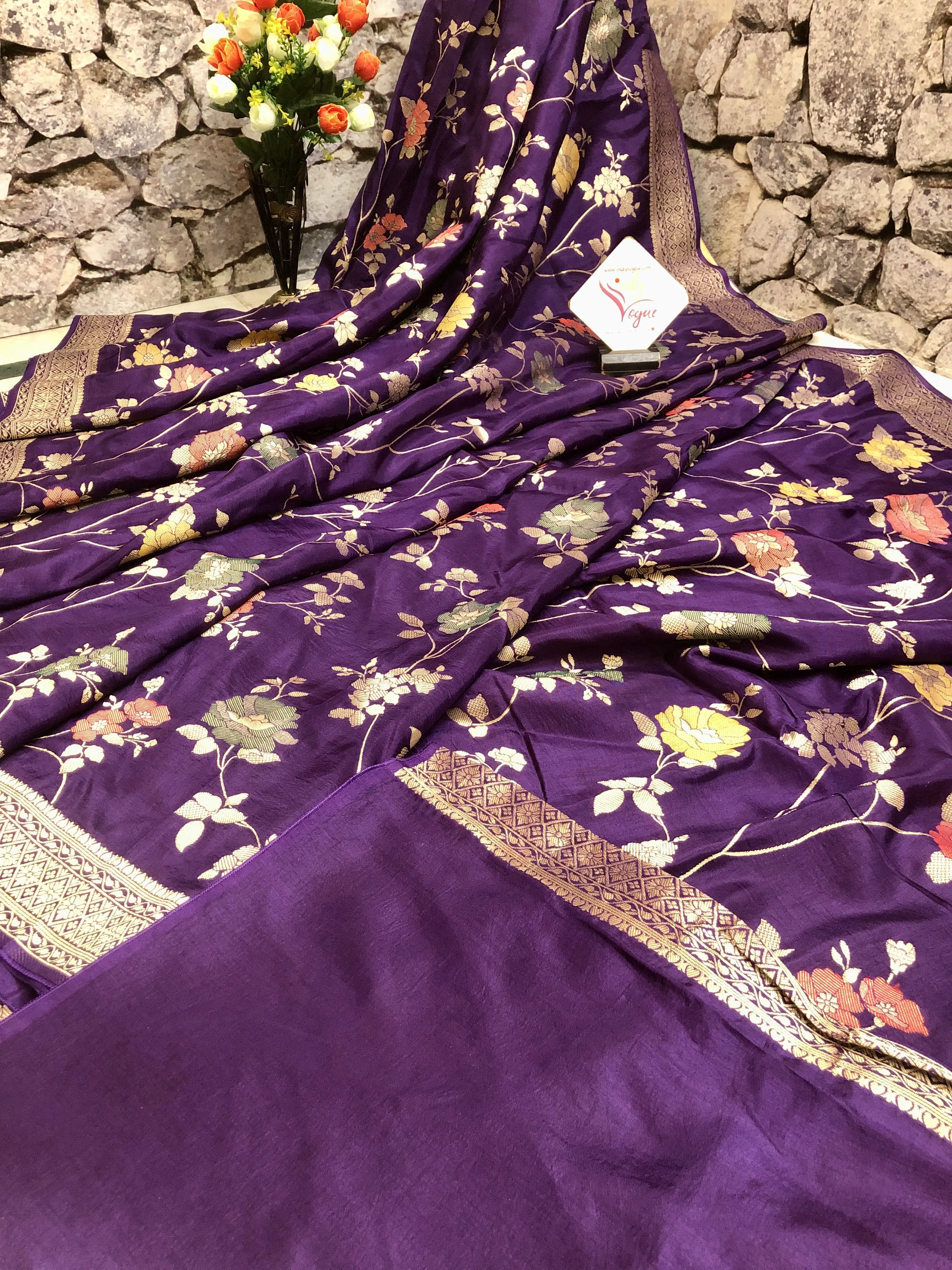 Purple Color Muga Banarasi Saree with Allover Meenakari Jaal Zari Work