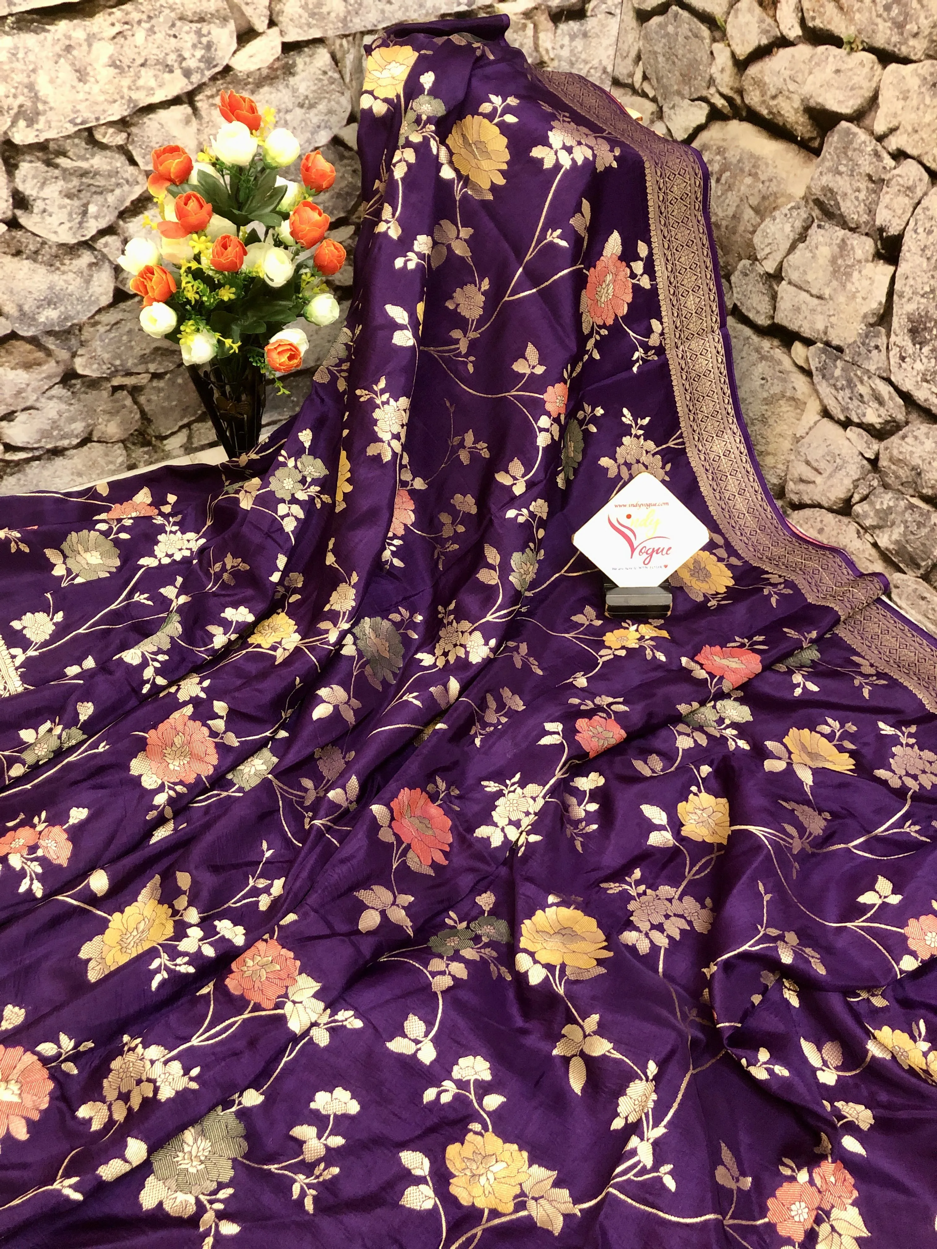 Purple Color Muga Banarasi Saree with Allover Meenakari Jaal Zari Work