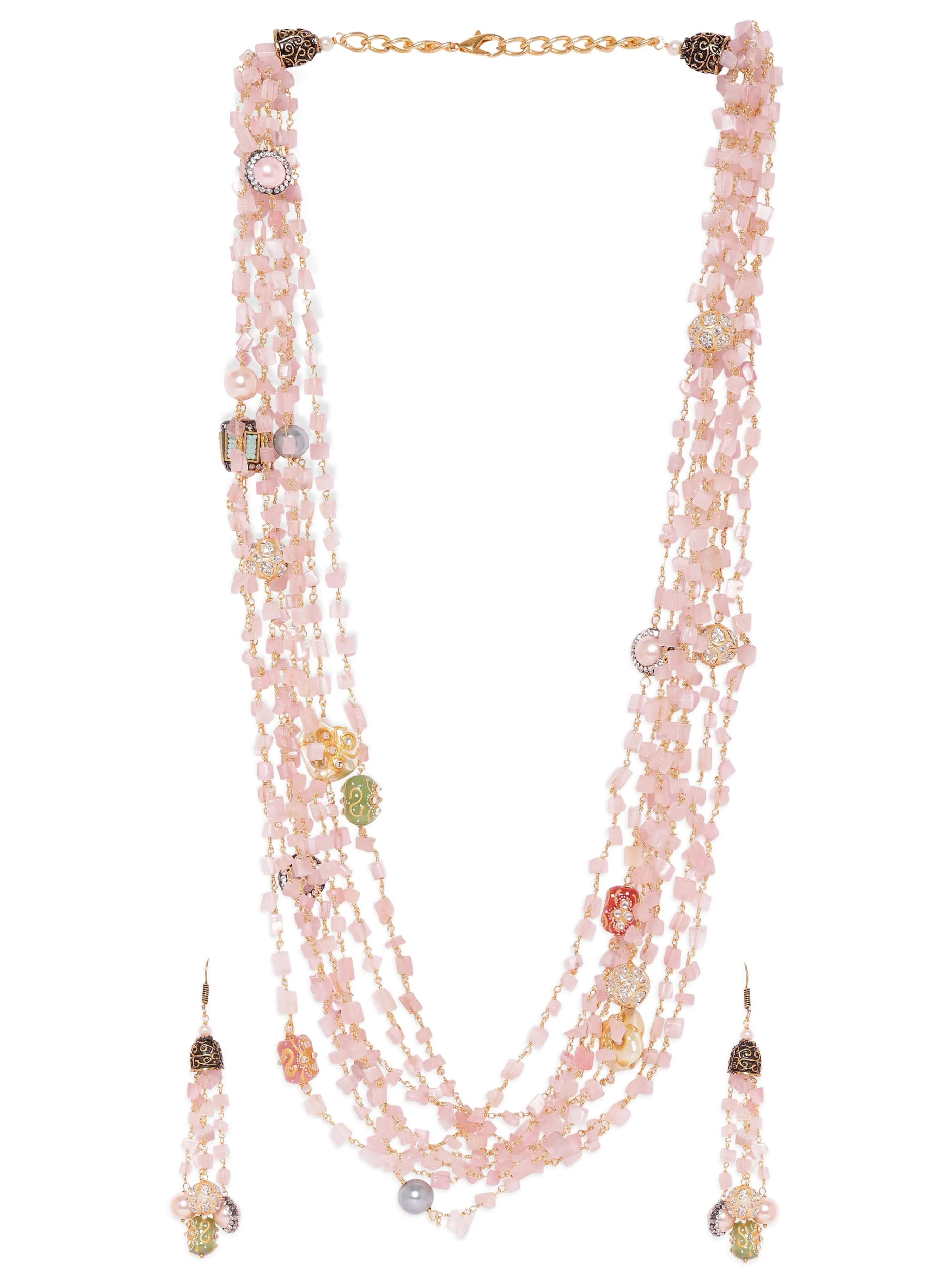 Rubans 22K Gold plated Rose Quartz Semi precious Gem Beaded Zirconia studded Multilayer Statement Necklace Set.