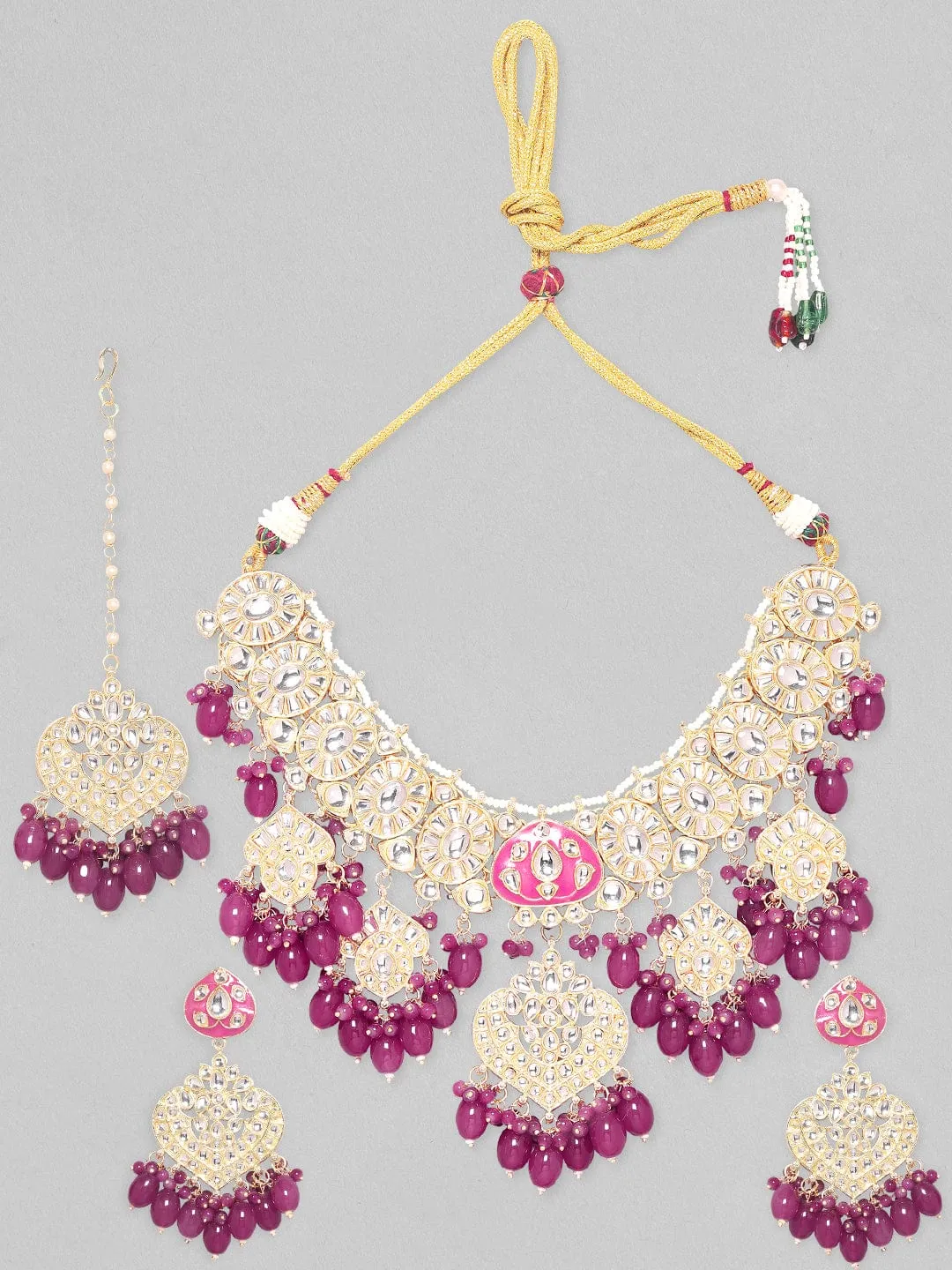 Rubans 24K Gold Plated Kundan Studded Pearl & Wine Shade Beaded Necklace, Earring & Maangtikka Set