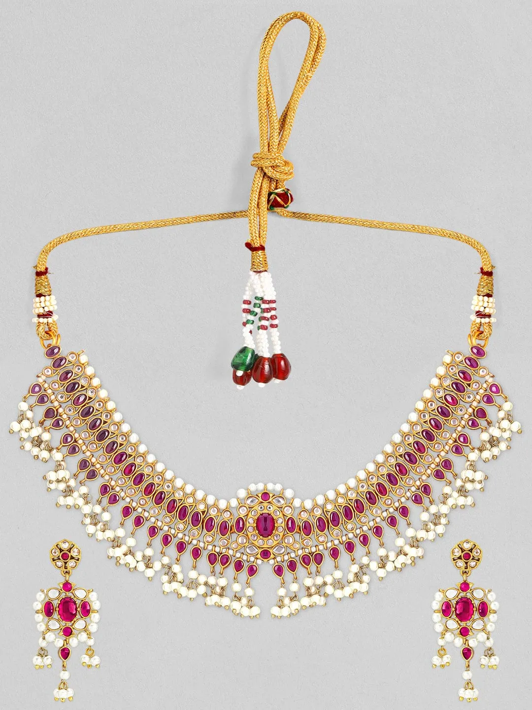 Rubans 24K Gold Plated Ruby and AD studded Necklace Set.