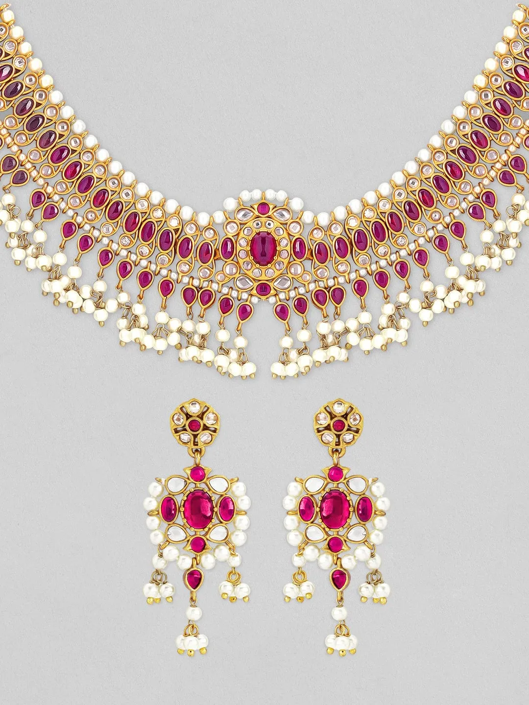 Rubans 24K Gold Plated Ruby and AD studded Necklace Set.