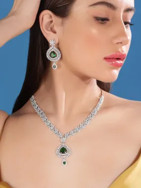 Rubans Rhodium Plated Premium White And Green Pear Zircons Studded Classy Statement Jewellery Set