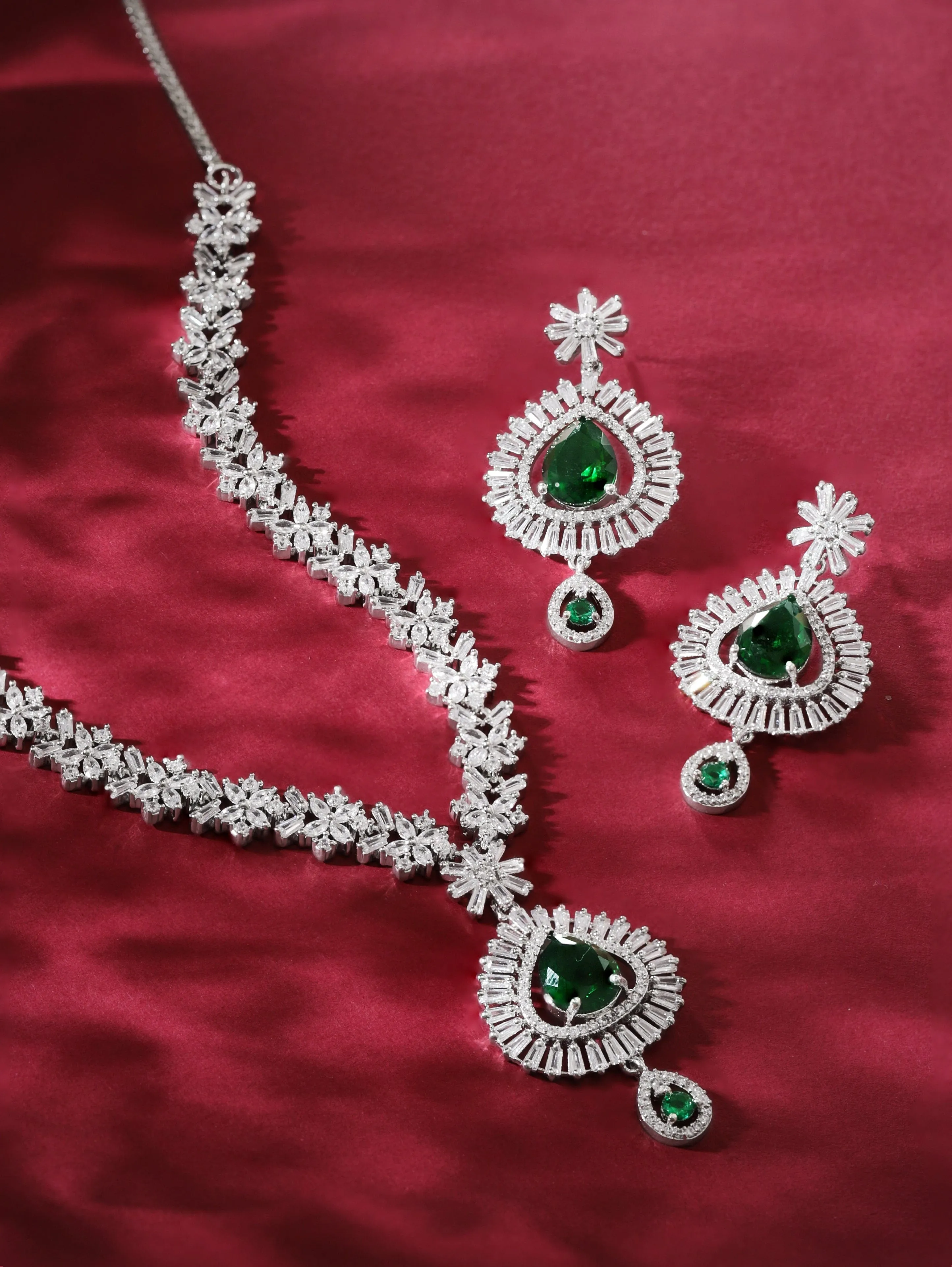 Rubans Rhodium Plated Premium White And Green Pear Zircons Studded Classy Statement Jewellery Set