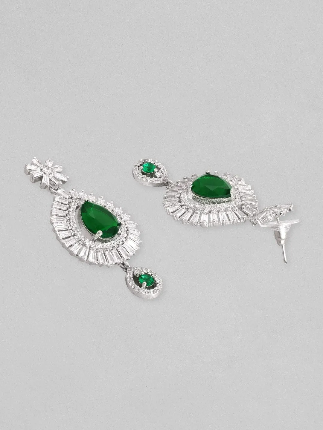 Rubans Rhodium Plated Premium White And Green Pear Zircons Studded Classy Statement Jewellery Set