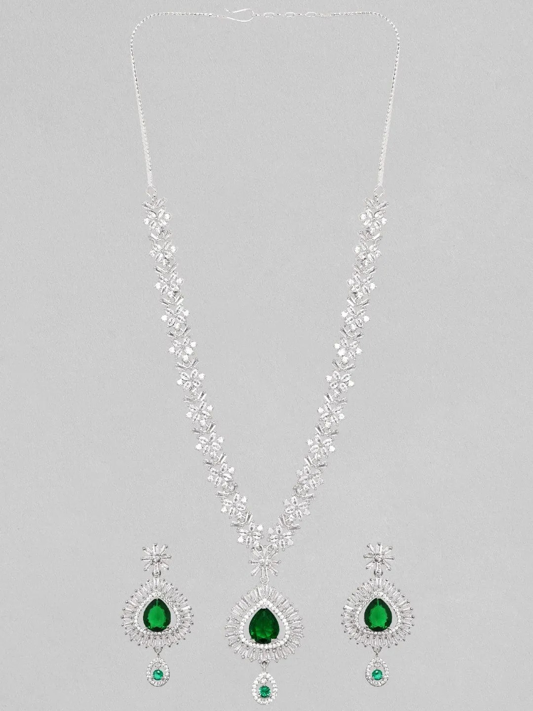 Rubans Rhodium Plated Premium White And Green Pear Zircons Studded Classy Statement Jewellery Set