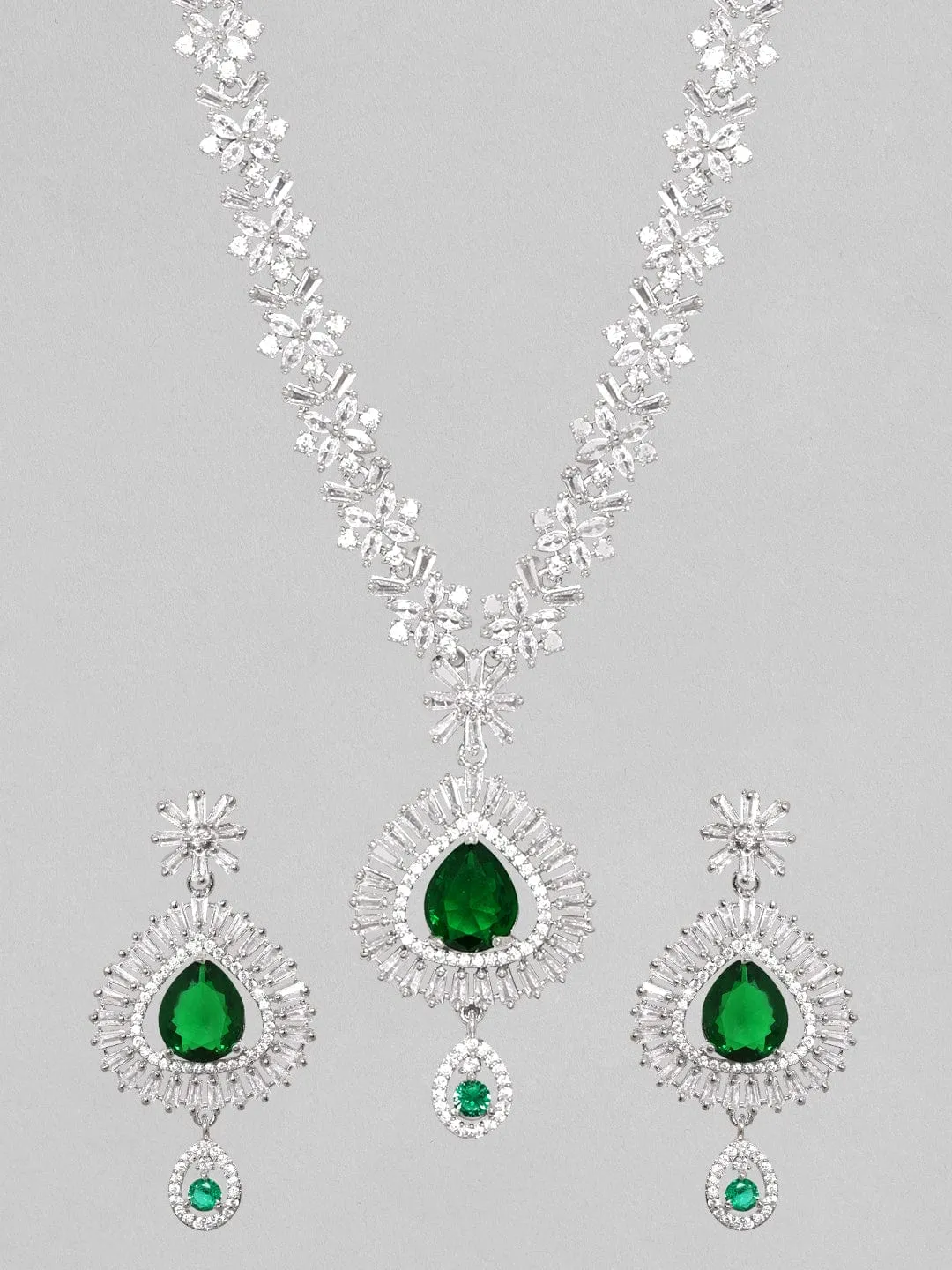 Rubans Rhodium Plated Premium White And Green Pear Zircons Studded Classy Statement Jewellery Set