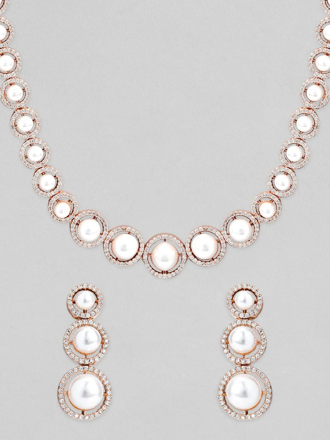 Rubans Rose Gold-Plated & AD Stone-Studded Pearl Jewellery Set