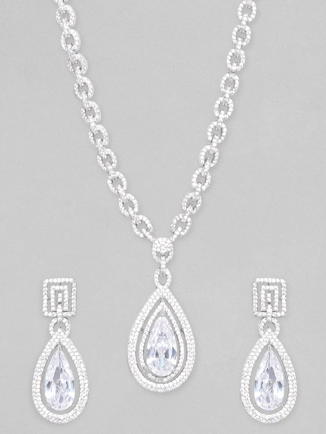 Rubans Silver-Plated AD Studded Necklace Jewellery Set