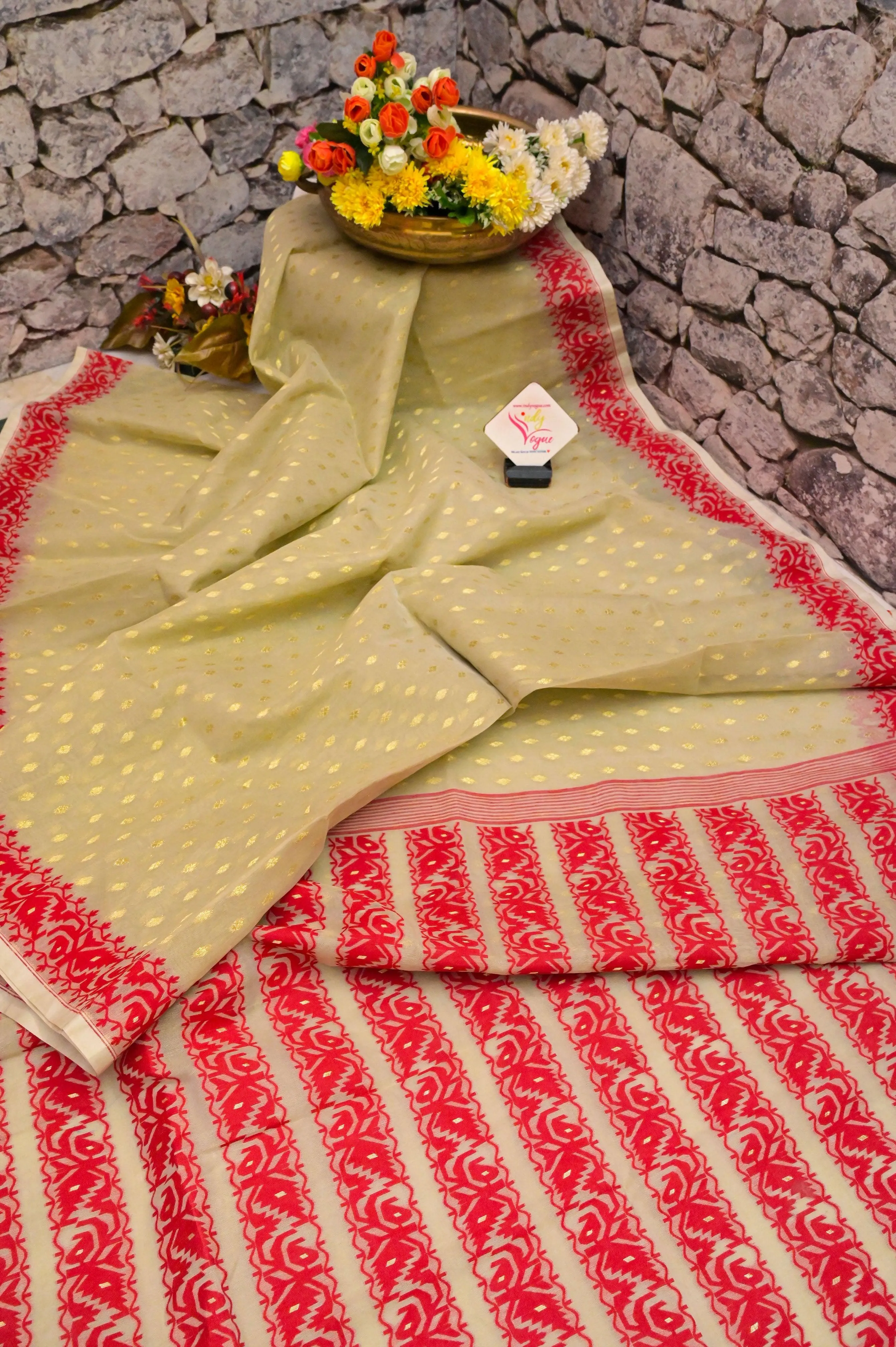 Sandy Cement Color Jamdani Saree with Cotton Embroidered Blouse Piece