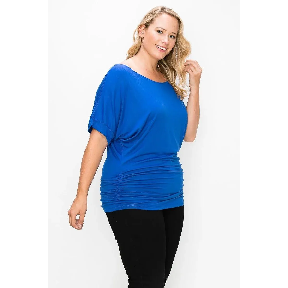 Short Sleeve Top Featuring A Round Neck And Ruched Sides