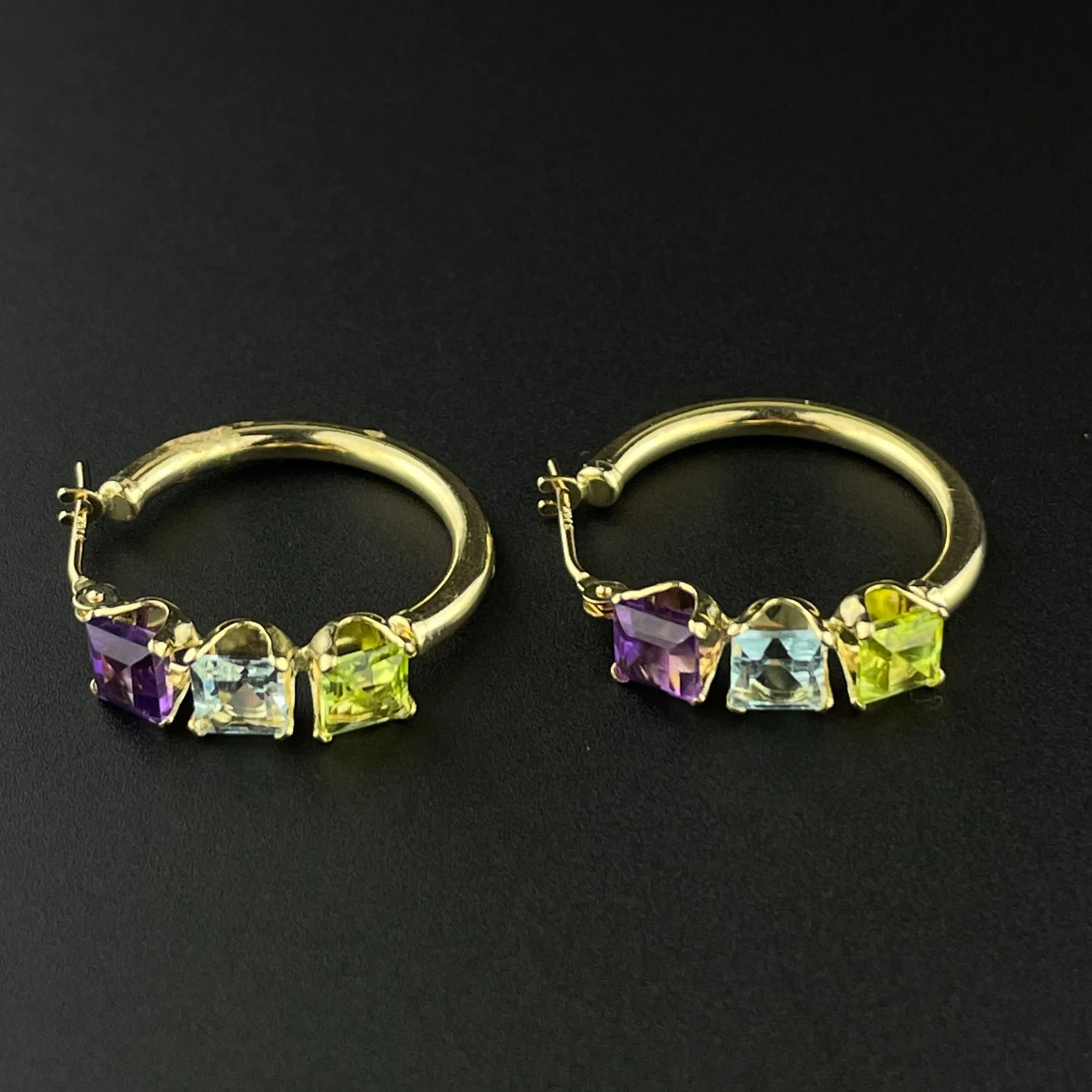 Solid 14K Gold Amethyst Peridot Blue Topaz Huggie Hoop Earrings