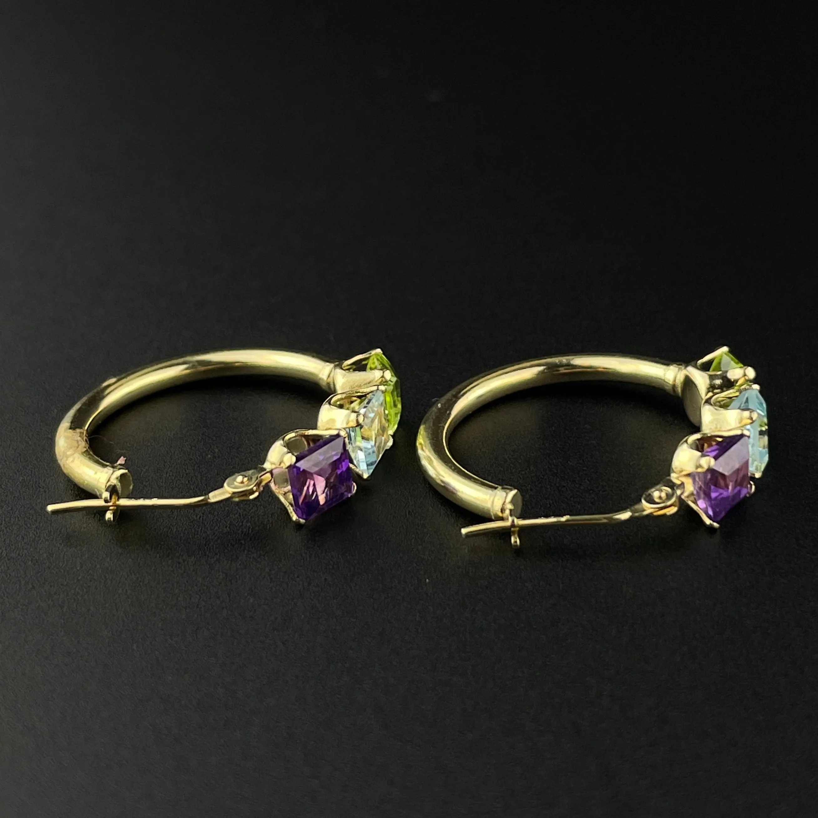 Solid 14K Gold Amethyst Peridot Blue Topaz Huggie Hoop Earrings