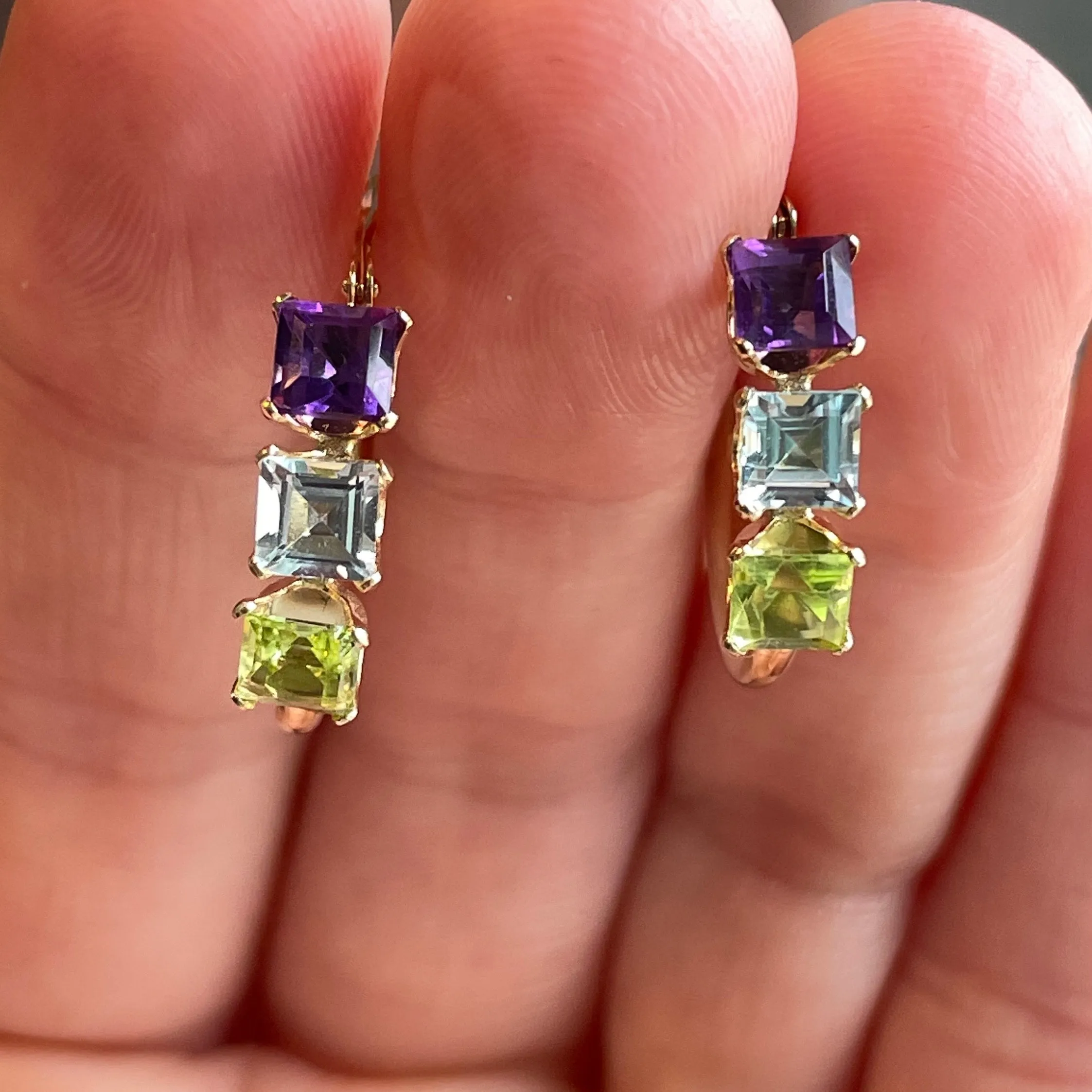 Solid 14K Gold Amethyst Peridot Blue Topaz Huggie Hoop Earrings