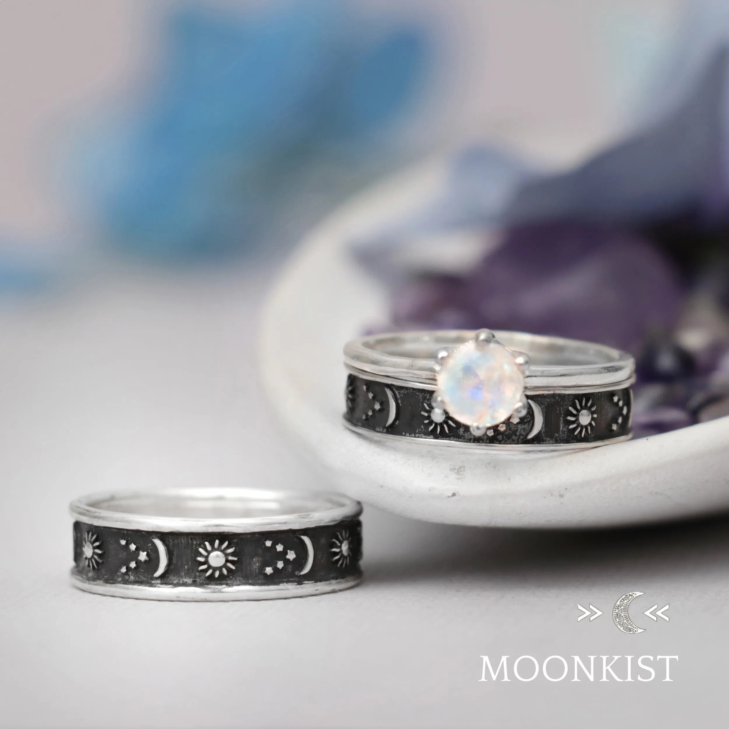 Sterling Silver Stars, Sun, and Moon Wedding Ring Set| Moonkist Designs