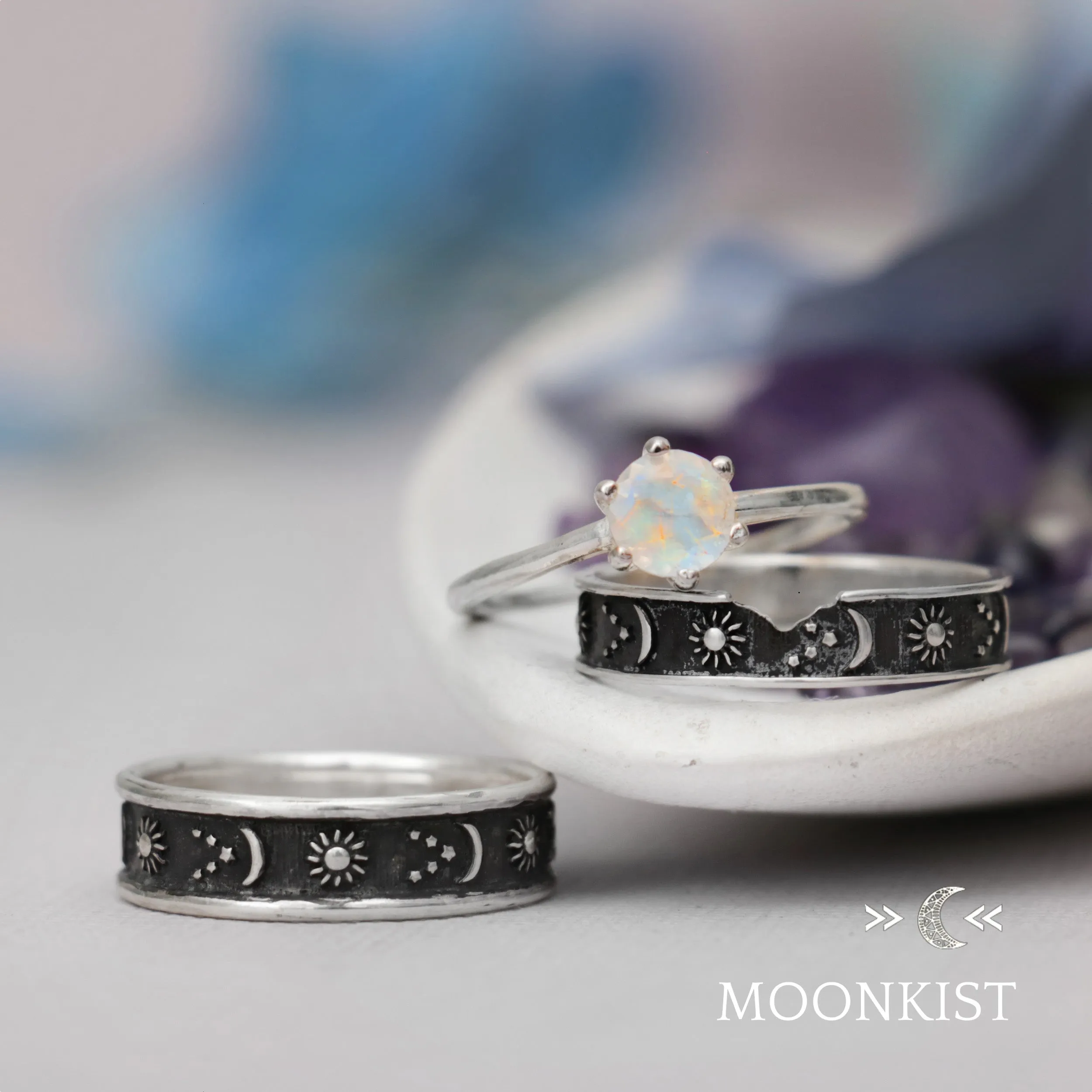 Sterling Silver Stars, Sun, and Moon Wedding Ring Set| Moonkist Designs