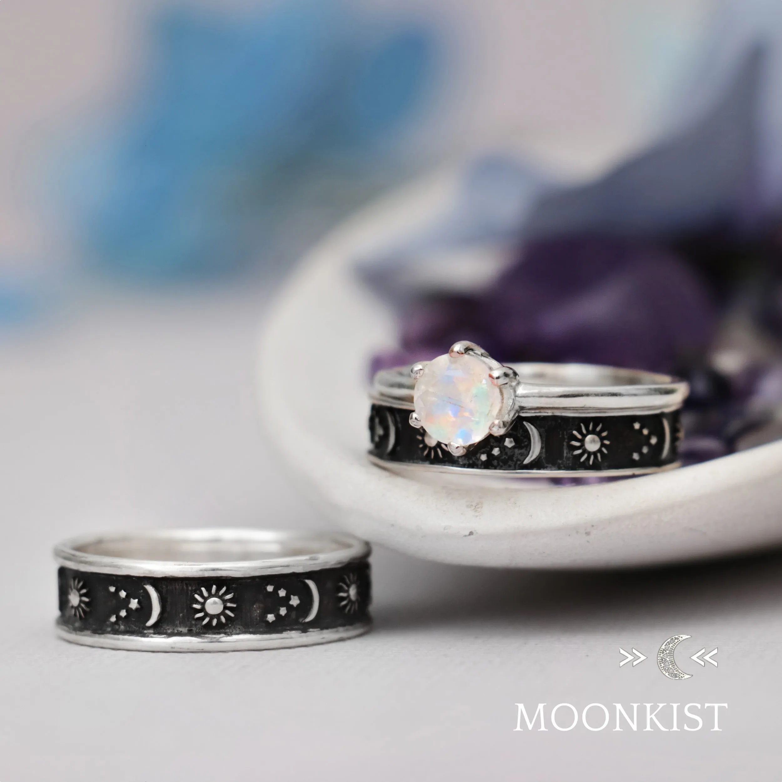 Sterling Silver Stars, Sun, and Moon Wedding Ring Set| Moonkist Designs