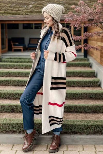 Striped Open Front Long Sleeve Longline Sweater Cardigan