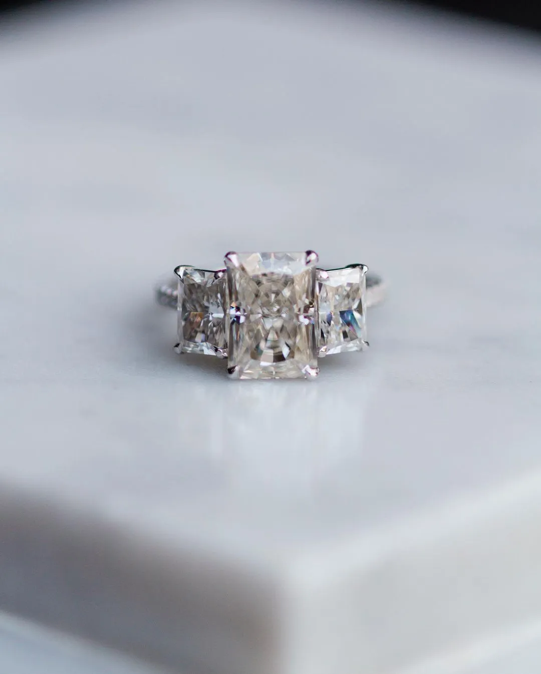 Three Stone Radiant Cut Moissanite Engagement Ring