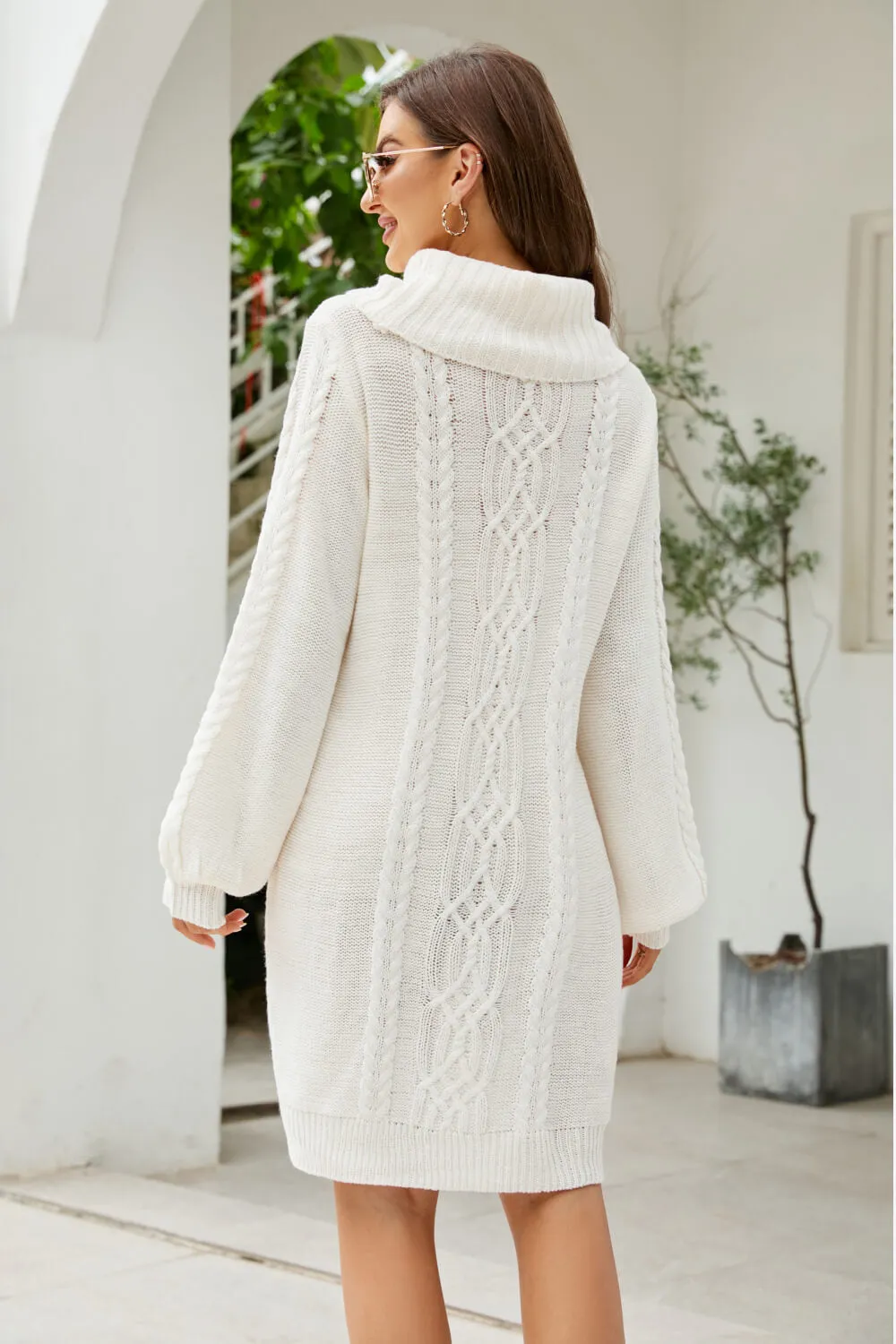 Woven Right Mixed Knit Turtleneck Lantern Sleeve Sweater Dress